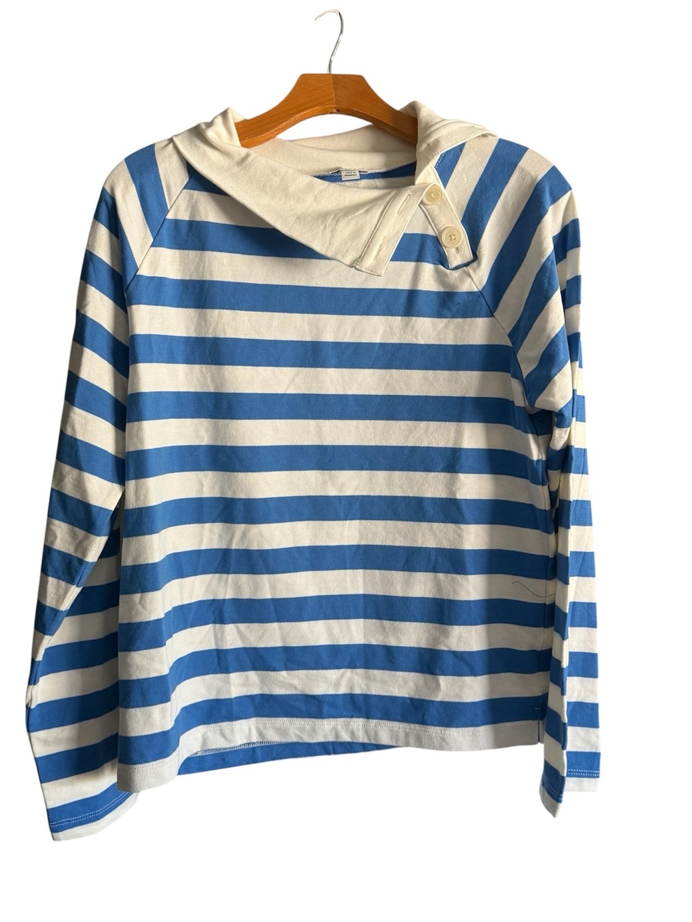 J. Crew Blue and White Striped Button-Neck Long Sleeve Top